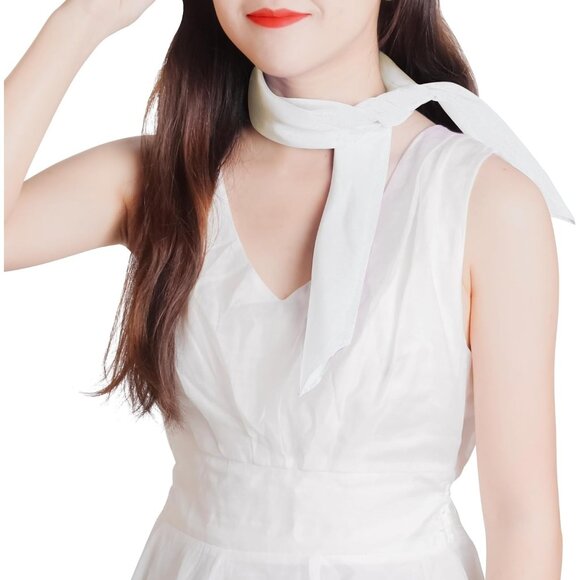 Women White Chiffon Square Ribbon Neck Scarf Satin Handkerchief For Halloween - Picture 7 of 7